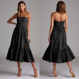 NWT Azazie Delphina Black A-Line Strapless Floral Burnout Convertible Midi Dress